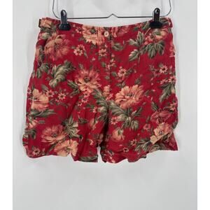 Lauren Ralph Lauren Floral Shorts Womens 12 Red 100% Linen Buckles Logo 90s 2000